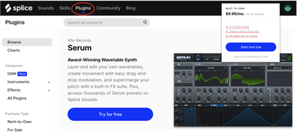 Serum offered as a plugin on Splice