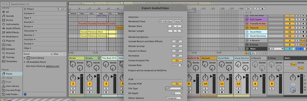 Settings for exporting stems in Ableton