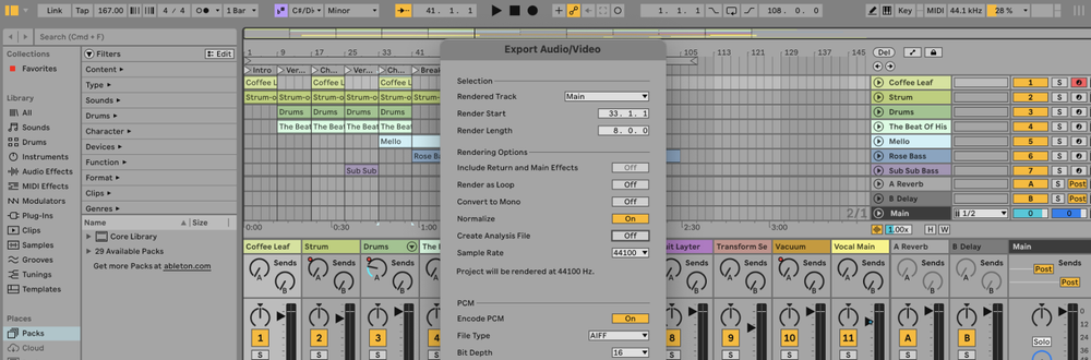 Normalize audio in the Export Audio/Video Ableton settings