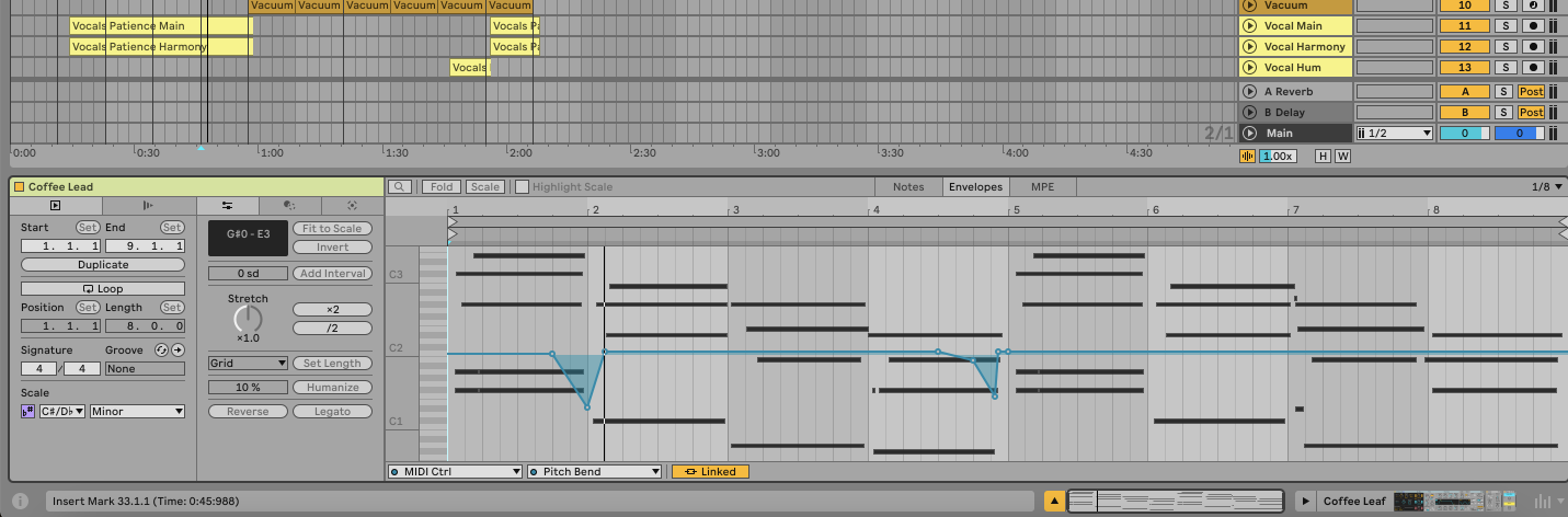 Pitch bend settings in the MIDI clip view