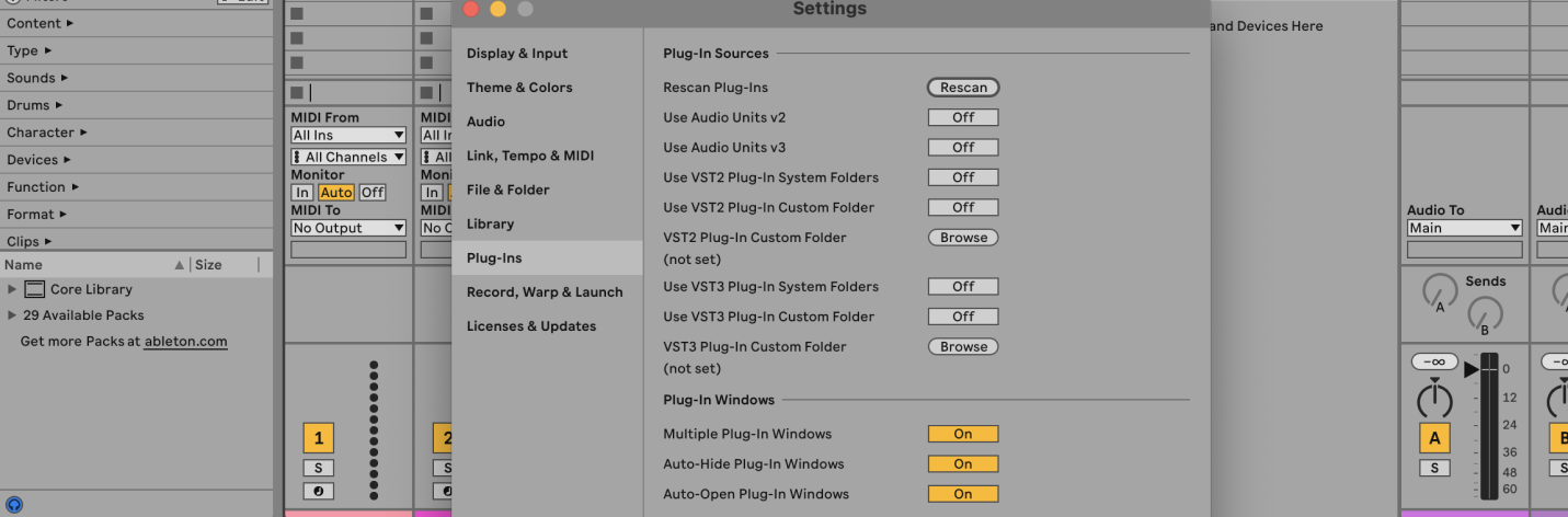 Plug-ins settings in Ableton